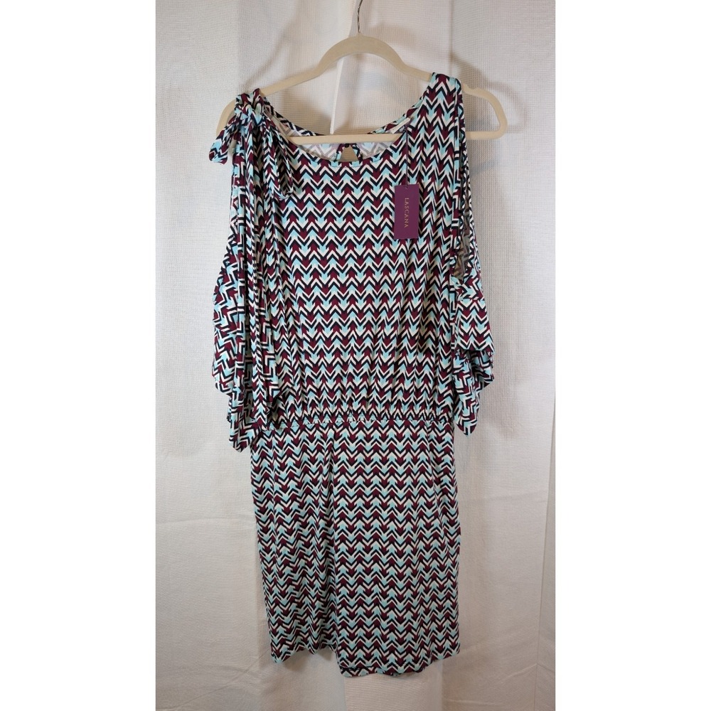 Lascana NWT Wide Sleeve Cold Shoulder Dress Geometric Turquoise Plum Size 42/10